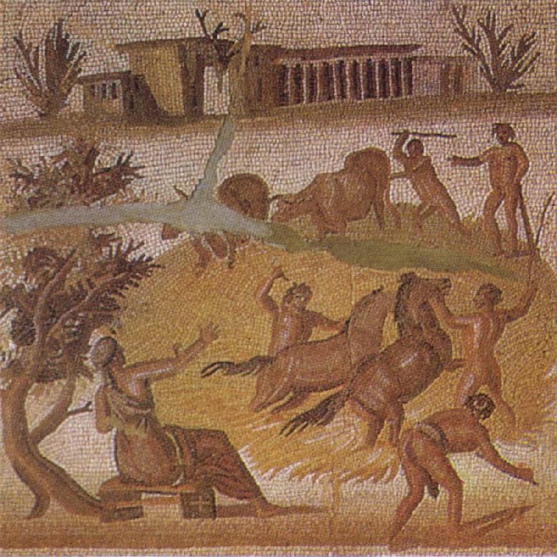 unknow artist Mosaic from the Roman villa at Zliten in Tripolitania showing horses and cattle threshing corn France oil painting art
